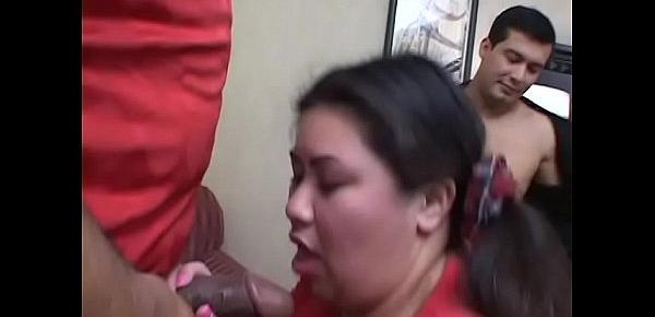  Chubby Asian slut with big tits and massive keyster Tyung Lee likes when two latin fellows penetrtate her pussy each after each and whitewash her face
